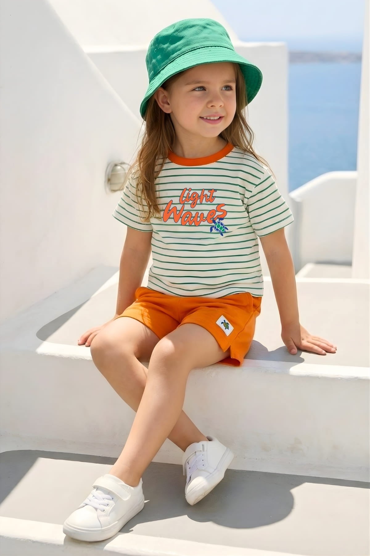 Zeyland Girl Striped T-Shirt and Shorts Set - Orange